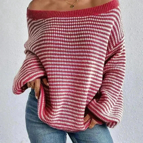 Pink Casual Women's Striped Printed Turtleneck Pullover Sweater - Picture 2 of 7